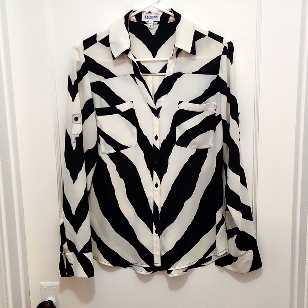 Express Black and White Zebra Print Button-Up Blouse